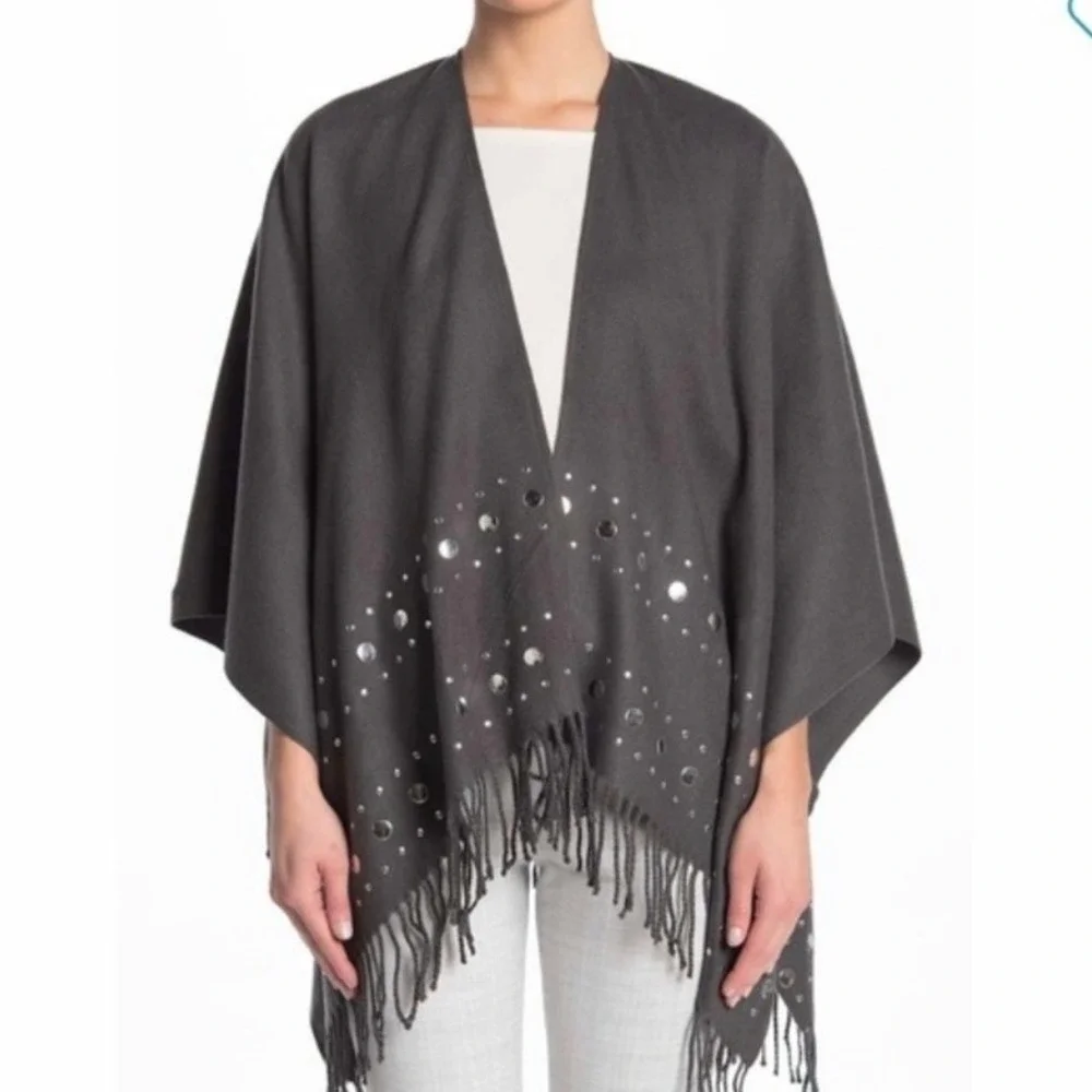 Michael Kors Fringe Studded Knit Poncho Wrap Shawl Womens OS Gray Cozy Fall Warm